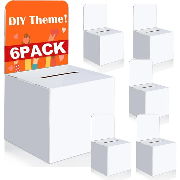 Raffle Box,6 Pack Ballot Box with Slot, Donation Boxes for Fundraising,Cardboard Raffle Boxes with Slot and Removable Header for Collecting Business Card Voting Contest (White)