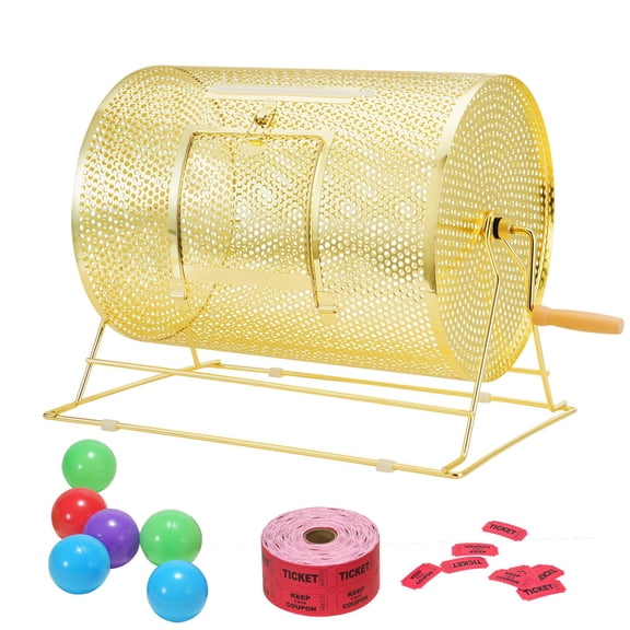 Raffle Drum, Holds 5000 Tickets or 200 Ping Pong Balls, Metal Lottery Spinning Drawing with Wooden Turning Handle,16.1 x 12 inch Brass Plated Raffle Ticket Spinning Cage, for Bingo Ballot Part