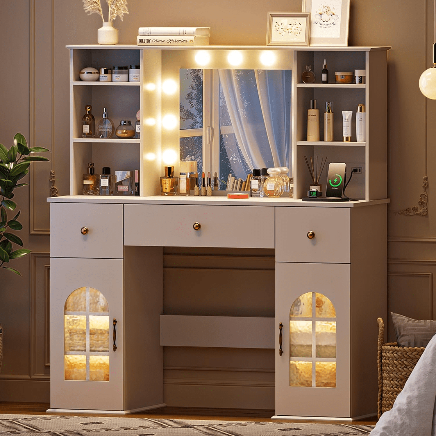 Raffle Pinker 47.2" Vanity Desk with Lighted Mirror and Charging Station, Makeup Vanity with 3 Colors Arched Window Cabinet, 8 Shelves, 3 Drawers, White Vanity Table Dressing Table for Bedroom