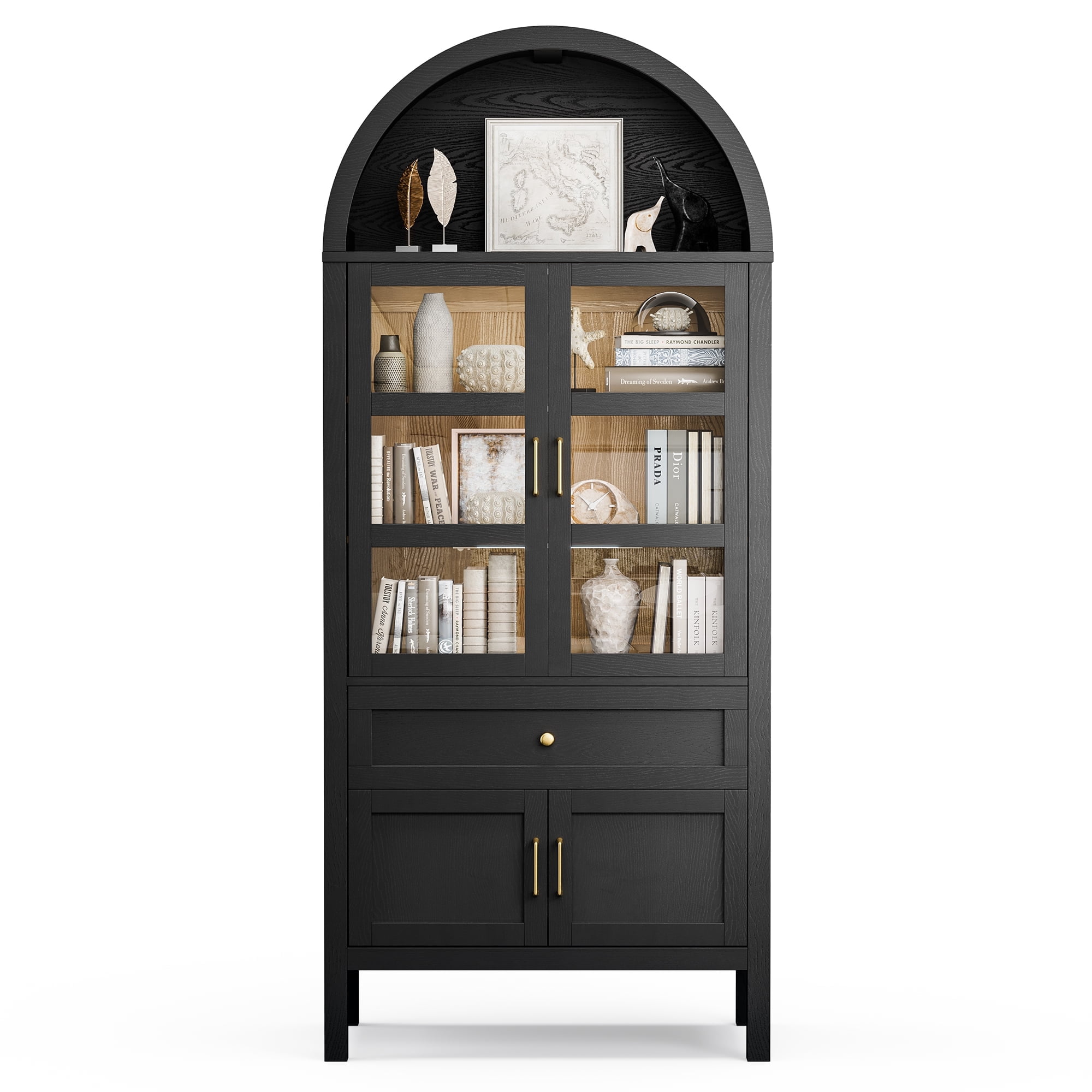 Raffle Pinker 71" Arched Kitchen Pantry Cabinet Display Storage Cabinet with Glass Doors, Black