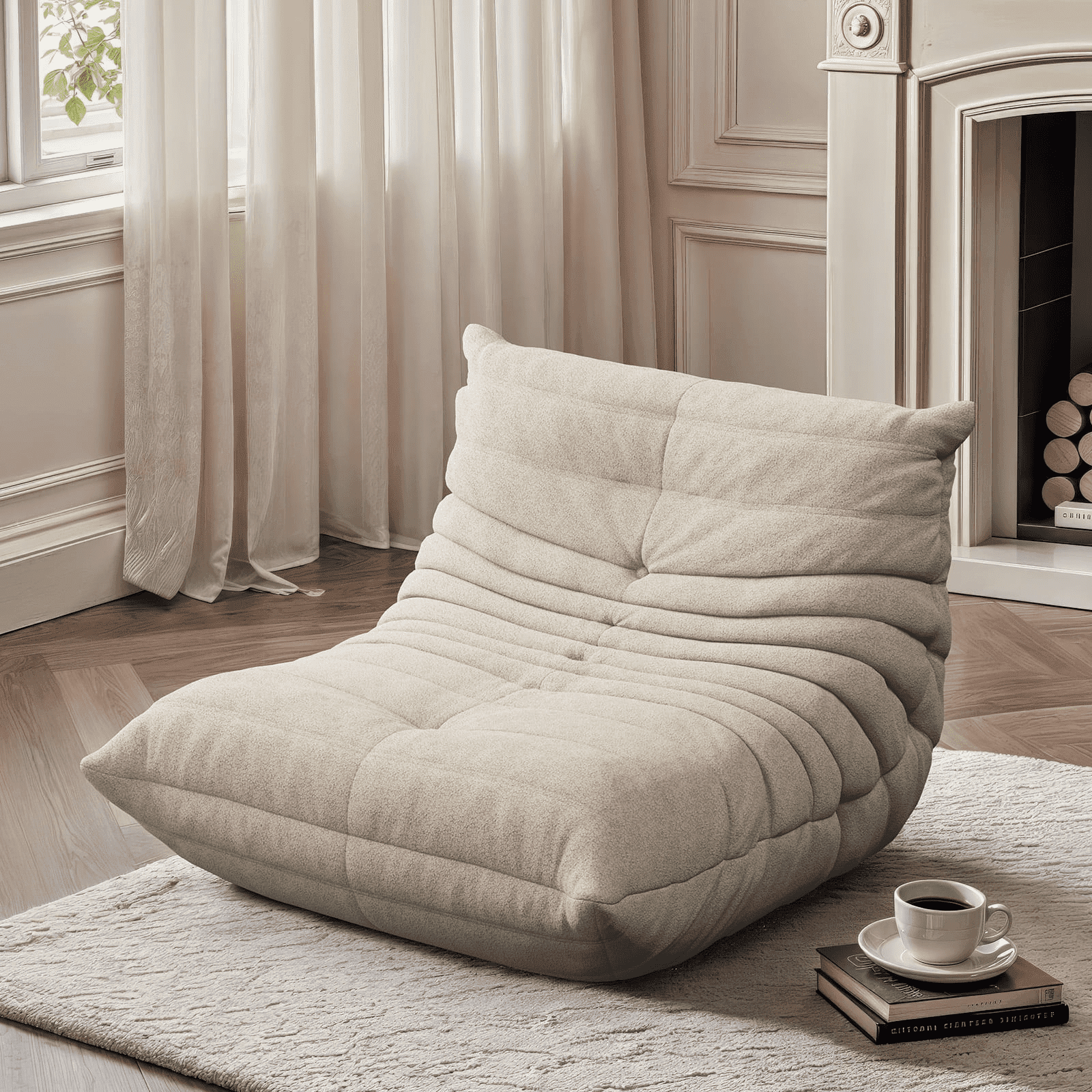 Raffle Pinker Bean Bag Chair for Adults, Comfy Fireside Chair Bean Bag Sofa with Memory Foam, Large Lazy Sofa for Living Room Bedroom Office, White