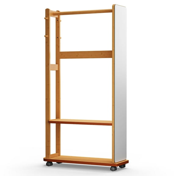 Raffle Pinker Entryway Hall Tree with Full Length Mirror, 5 in 1 Bamboo Coat Rack Standing Shoe Storage Rack with 4 Hooks & 2 Shelves