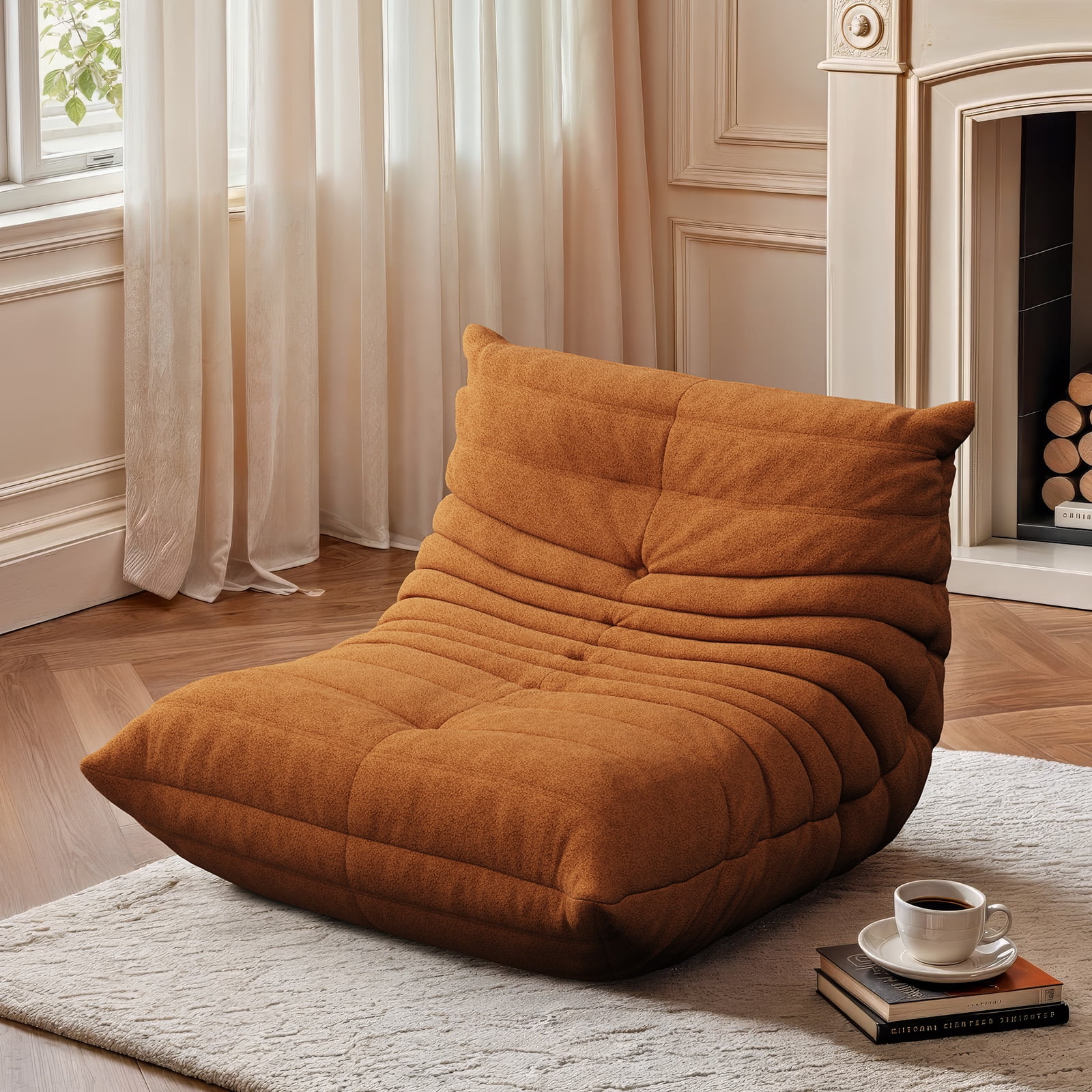 Raffle Pinker Giant Bean Bag Chair Lazy Floor Sofa, Memory Foam Fireside Sofa for Adults, for Living Room Bedroom Dorm Office, Orange