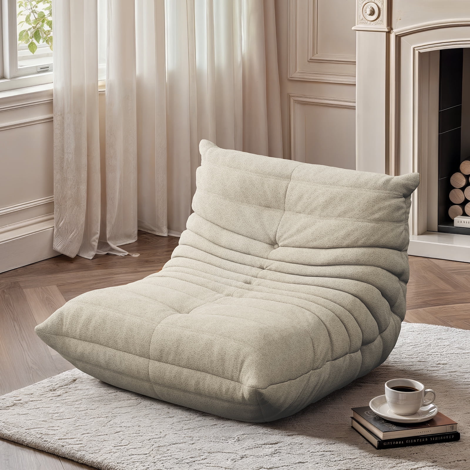 Raffle Pinker Giant Bean Bag Chair Lazy Floor Sofa, Memory Foam Fireside Sofa for Adults, for Living Room Bedroom Dorm Office, White