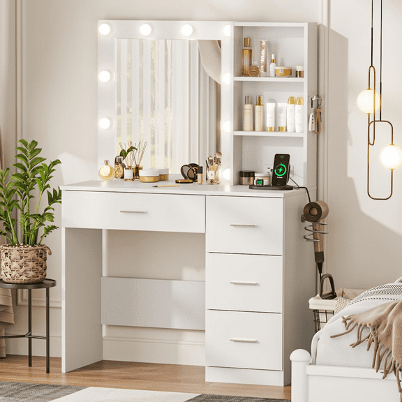 Raffle Pinker Makeup Vanity Desk Dressing Table with 4 Drawers,Storage Shelves,Power Outlet,White