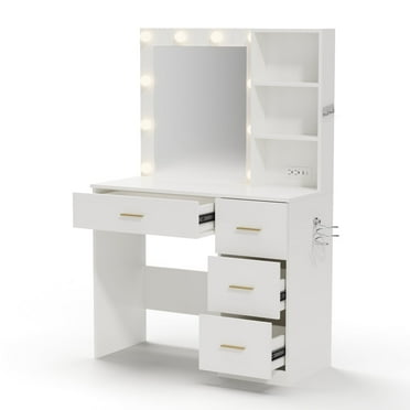 Raffle Pinker Makeup Vanity Desk Dressing Table with 4 Drawers,Storage Shelves,Power Outlet,White