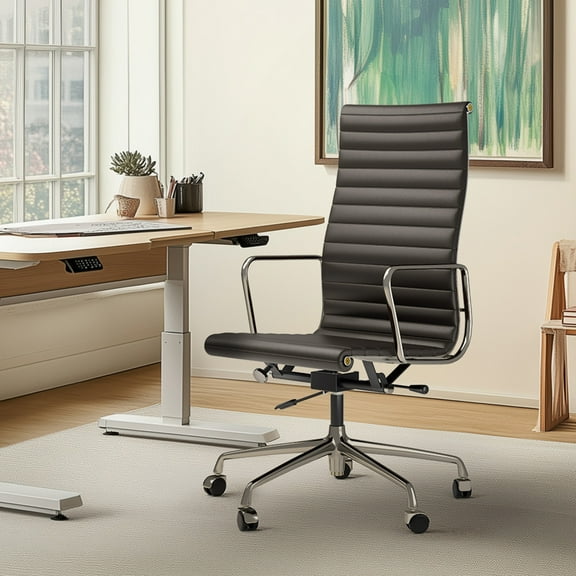 Raffle Pinker Ribbed Genuine Leather Office Desk Chair High Back Executive Conference Room Chair Adjustable Computer Chair Swivel Chair with Arms for Home Office, Black