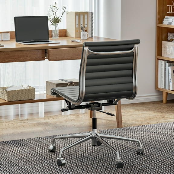 Raffle Pinker Ribbed Genuine Leather Office Desk Chair Mid Back Armless Executive Conference Room Chair Adjustable Computer Chair Swivel Chair for Home Office, Black