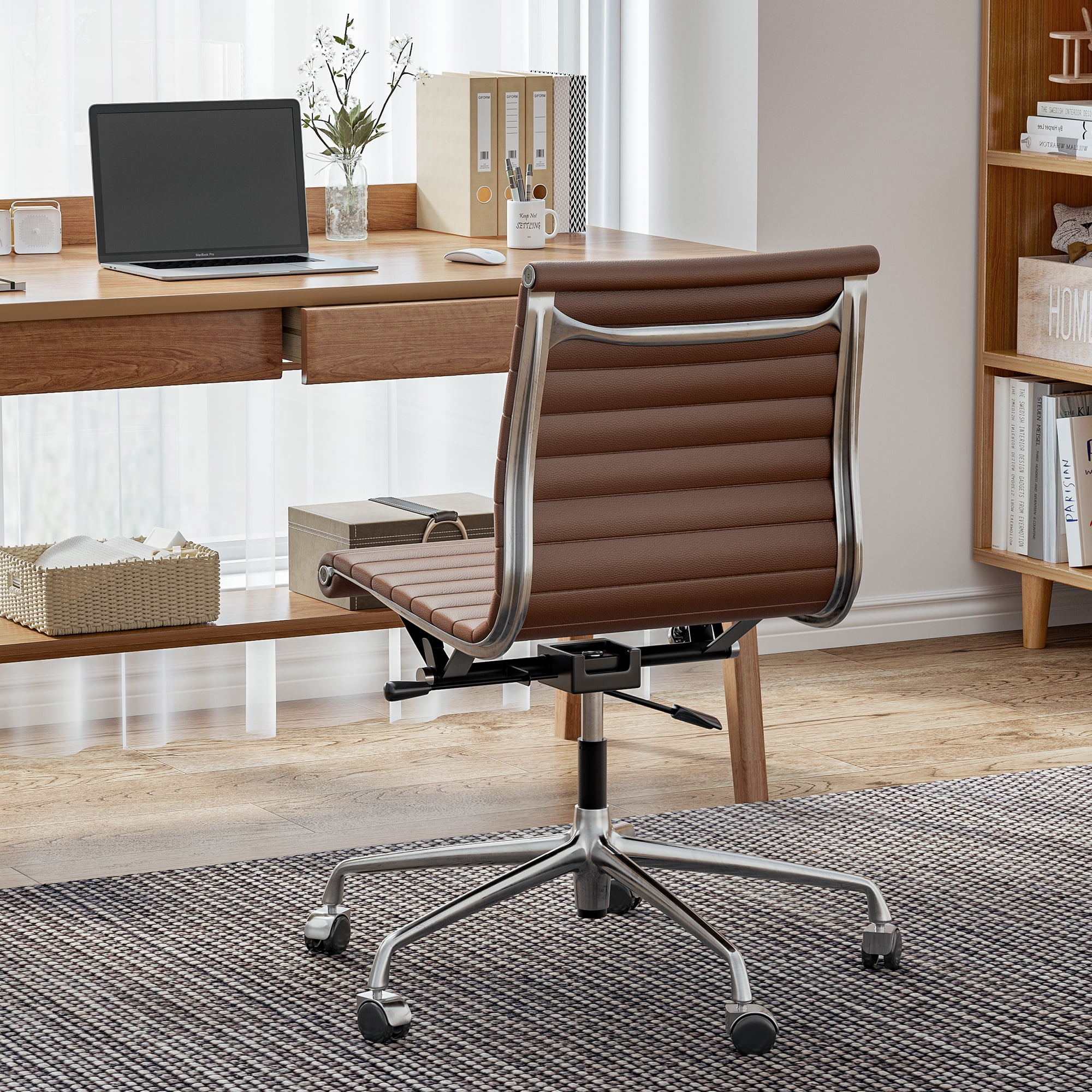 Raffle Pinker Ribbed Genuine Leather Office Desk Chair Mid Back Armless Executive Conference Room Chair Adjustable Computer Chair Swivel Chair for Home Office, Brown