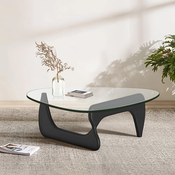 Raffle Pinker Triangle Glass Coffee Table End Table with Solid Black Base Tempered Glass Coffee Table for Living Room