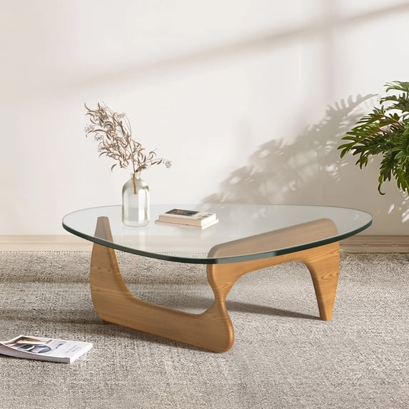 Raffle Pinker Triangle Glass Coffee Table Tempered Glass Coffee Table with Solid Light Walnut Base for Living Room