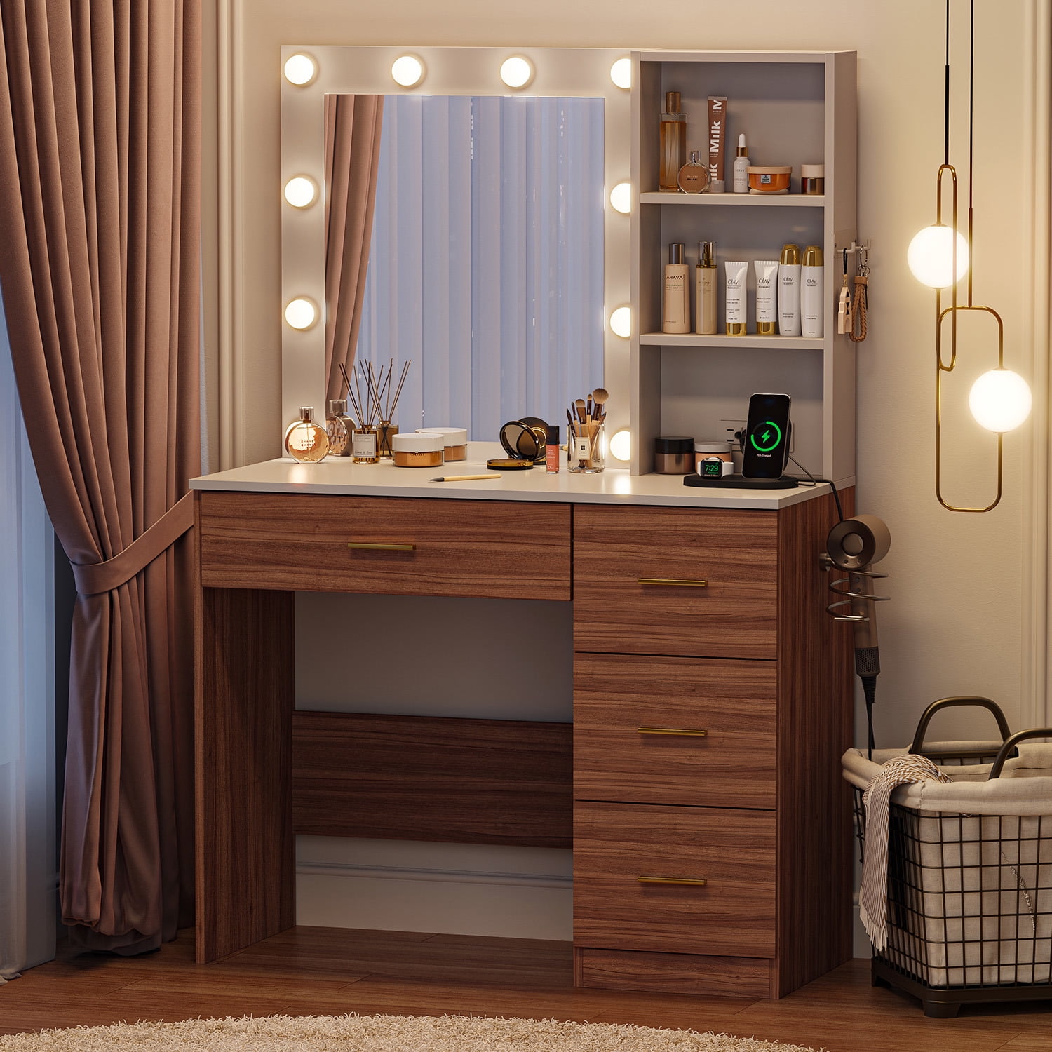 Raffle Pinker Vanity Desk Makeup Dressing Table with Mirror and Lights,4 Drawers,Storage Shelves,Power Outlet,Brown