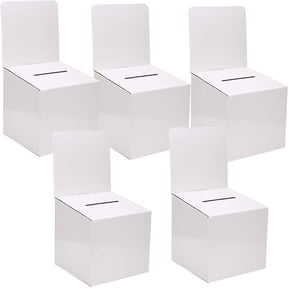 Raffle Ticket Box Donation Collection Ballot Box Reusable Sturdy thick Cardboard Box with Slot comment Suggestion Box With Removable Header 6H x 6W x 6D, Display area 6H x 6WWhite 5 pack