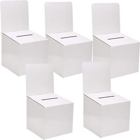 Raffle Ticket Box Donation Collection Ballot Box Reusable Sturdy thick Cardboard Box with Slot comment Suggestion Box With Removable Header 6H x 6W x 6D, Display area 6H x 6WWhite 5 pack