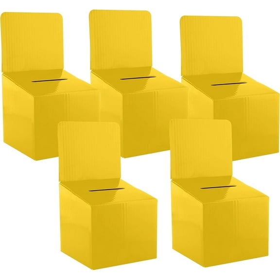 Raffle Ticket Box Donation Collection Ballot Box Reusable Sturdy thick Cardboard Box with Slot comment Suggestion Box With Removable Header 6H x 6W x 6D, Display area 6H x 6WYellow 5 pack