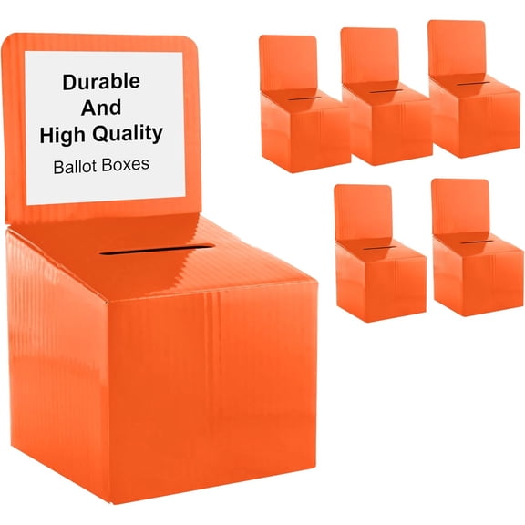 Raffle Ticket Donation Collection Ballot Box Reusable Sturdy thick Cardboard with Slot comment Suggestion Box With Removable Header 6H x 6W x 6D, Display area 6H x 6W(Orange 5 pack)