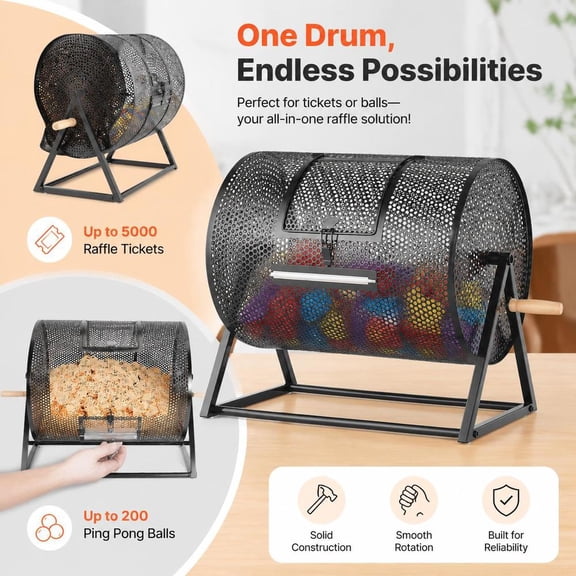Raffle Ticket Spinner Drum, Metal Lottery Spinning Cage with Reinforced Handle and Triangular Stand, Black