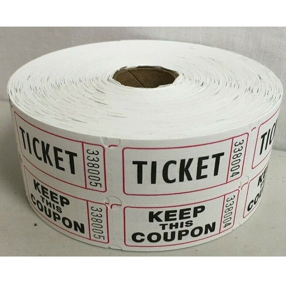 Raffle Tickets Roll of 1000 Double Stub 50/50 Split the Pot Fund Raiser, White