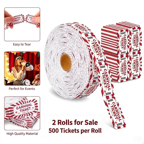 Raffle Tickets with Perforation, 2 x 1 Inch Carnival Tickets, Party Event Entry Tickets, 500 Tickets per Roll, 2 Rolls