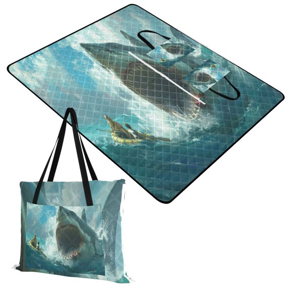 Raft Life with Shark Extra Large Picnic Beach Blanket Waterproof Sand Proof Portable Outdoor Mat 60x80