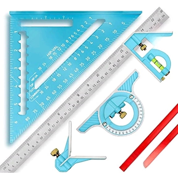 Rafter Square & Combination Square Tool Set, 7 Inch Aluminium-Alloy Carpenter Square & 16 Inch Zinc-Alloy Woodworking Framing Combo w/Stainless Steel Ruler, 2 Carpentry Pencils, Scriber$$Tools