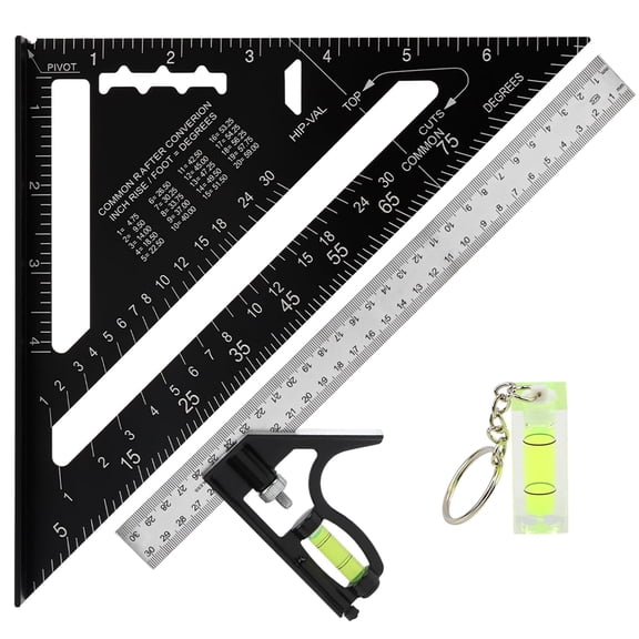Rafter Square and Combination Square Tool Set, Including 7inch Carpenter-Square Wood Working Tool and Accessories, 12inch Square-Ruler(Color:Black)