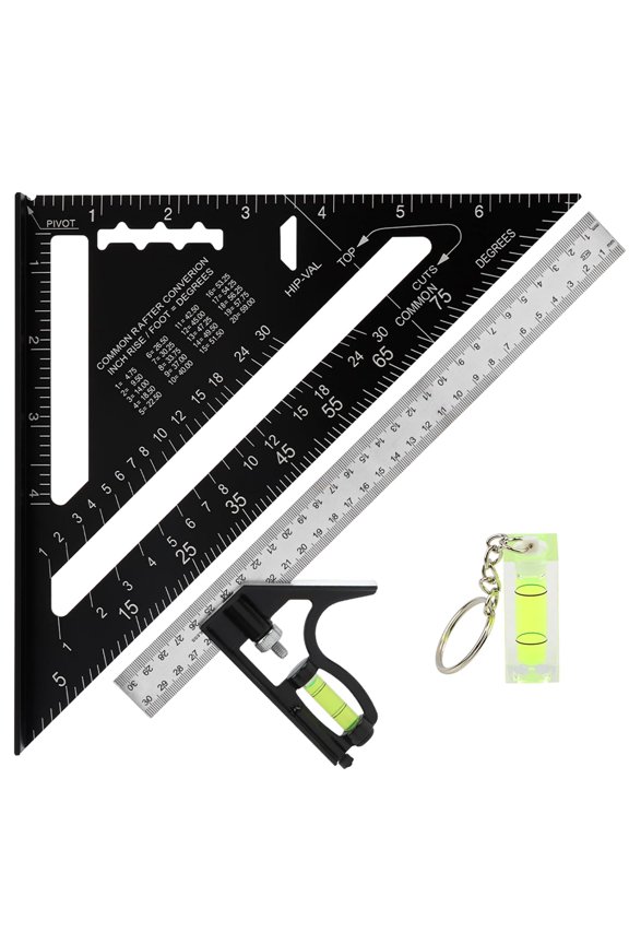 Rafter Square and Combination Square Tool Set, Including 7inch Carpenter-Square Wood Working Tool and Accessories, 12inch Square-Ruler(Color:Black)