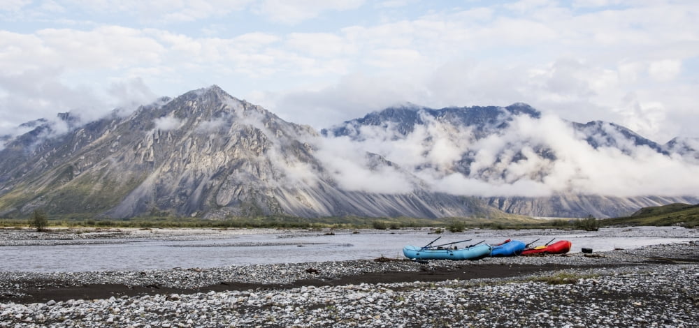 Rafts along the shore at sunrise on the Marsh Fork of the Canning River in the Arctic National Wildlife Refuge Summer Alaska Canvas Art - Cathy Hart Design Pics (44 x 20)