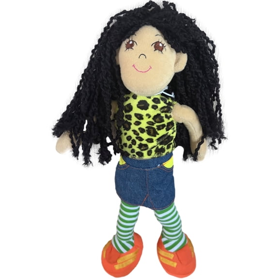Rag Chicks Plush Cloth Poseable 14" Rag Doll, Black Hair & Green Cheetah Outfit