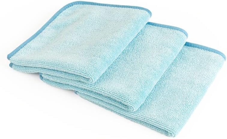 The Rag Company – Premium FTW – Microfiber Cleaning Towels for Glass, Windows, Mirrors & Polished Surfaces, Streak-Free, Scratchless, 16in x 16in, Light Blue, 3-Pack