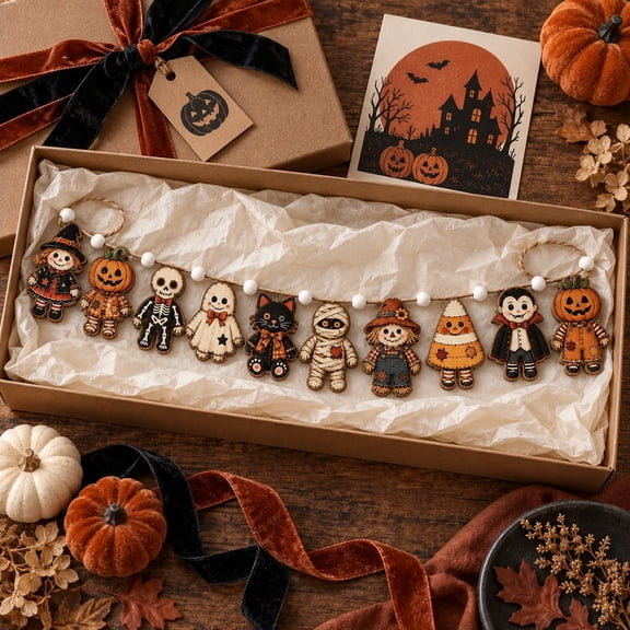 Rag Doll Halloween Ornament Wooden Garland Spooky Mantel Decor