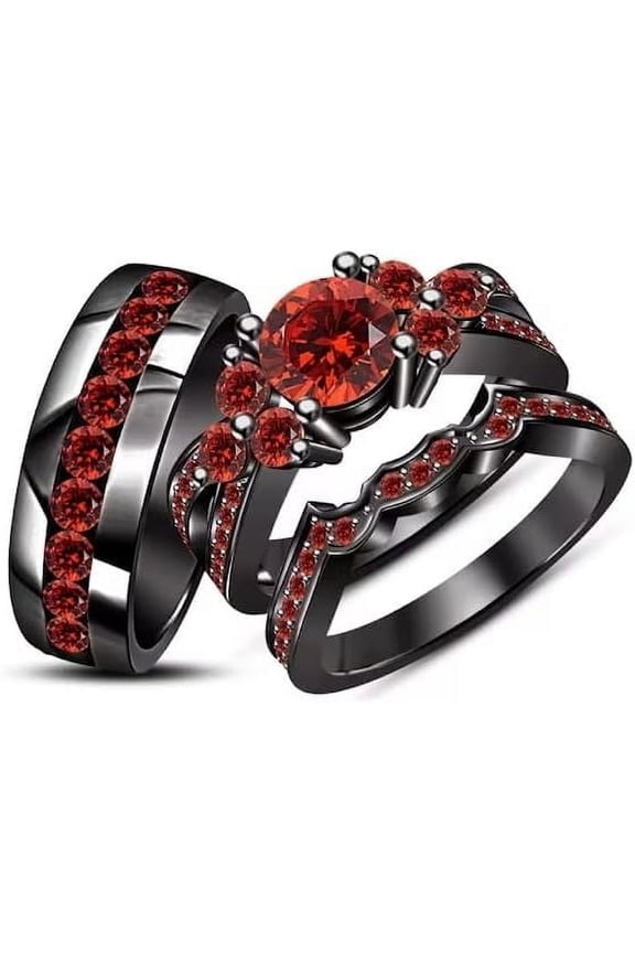 1.10 Ct Round Cut Red Ruby Wedding Engagement Trio Ring Set 14K Black Gold Plated 925 Sterling Silver For Unisex -4