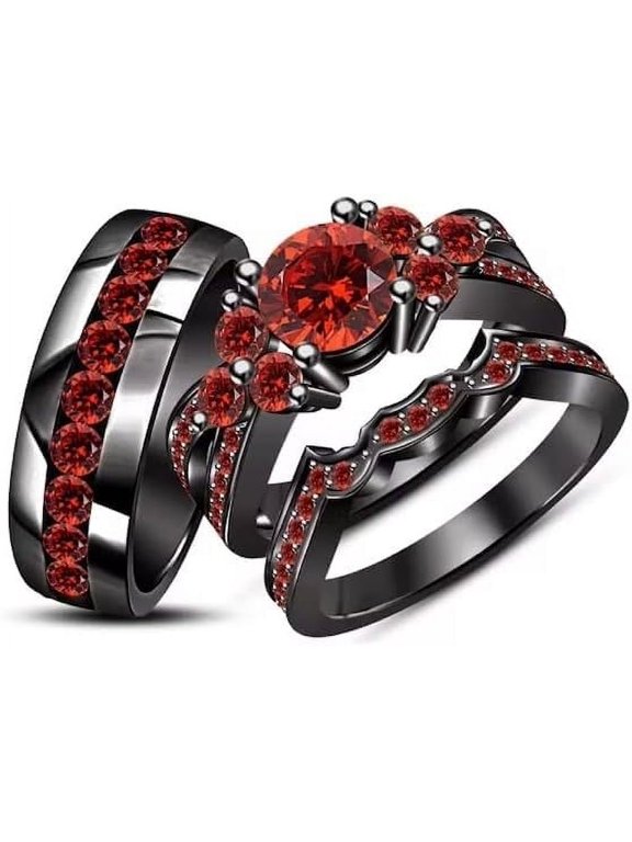 1.10 Ct Round Cut Red Ruby Wedding Engagement Trio Ring Set 14K Black Gold Plated 925 Sterling Silver For Unisex -6