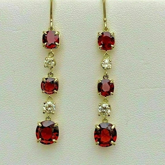 Rag Jewels 1.35 Ctw Round Cut Ruby & Diamond Engagement Wedding Christmast Tanksgiving Drop Dangle Earring's 14K Yellow Gold Plated 925 Sterling Silver For Women's