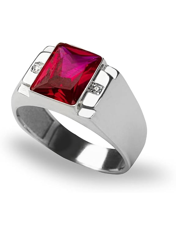 14K White Gold Plated 1.50 Ct Emerald Cut Red Ruby Wedding Engagement Band Pinky Ring 925 Sterling Silver For Men's -4.5