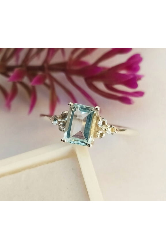 2.00 Ctw Emerald Cut Aquamarine & Diamond Wedding Anniversary Engagement Band Ring 14K Yellow Gold Plated 925 Sterling Silver 925 Sterling Silver -4.5