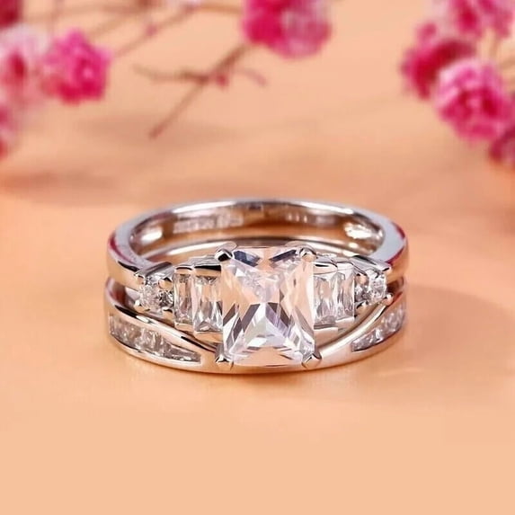 Rag Jewels 2.00 Ctw Emerald Cut White Diamond Wedding Anniversary Engagement Bridal Set Ring 14K White Gold Plated 925 Sterling Silver 925 Sterling Silver -9.5