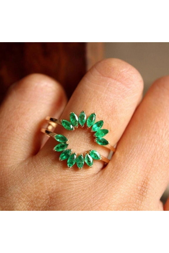 2.00 Ctw Marquise Cut Green Emerald Enhancer Guard Wrap Ring 14K Yellow Gold Plated 925 Sterling Silver -8.5