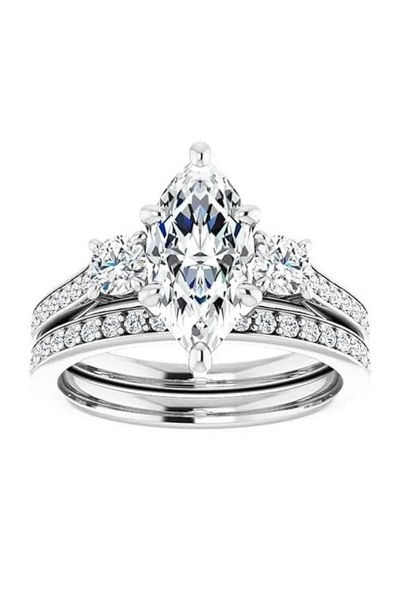 2.25 Ct Marquise Cut White Diamond Engagement Wedding Thanksgiving Christmas Bridal Ring Set 14K White Gold Plated 925 Sterling Silver For Women's -4