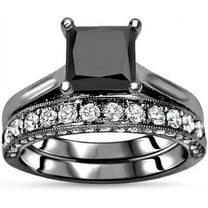 Rag Jewels 2.50 Ct Princess Cut Black Diamond Wedding Engagement Thanksgiving Christmas Bridal Ring Set 14K Black Gold Plated 925 Sterling Silver For Women's -5.5