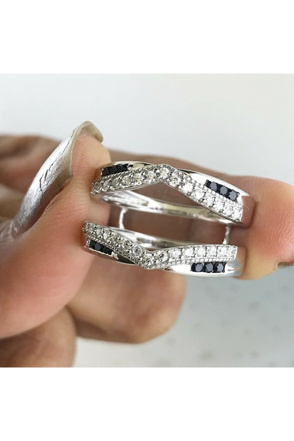 2.50 Ctw Round Cut Black & White Diamond Wedding Anniversary Curved Chevron Enhancer Guard Band Ring 14K White Gold Plated 925 Sterling Silver 925 Sterling Silver -7