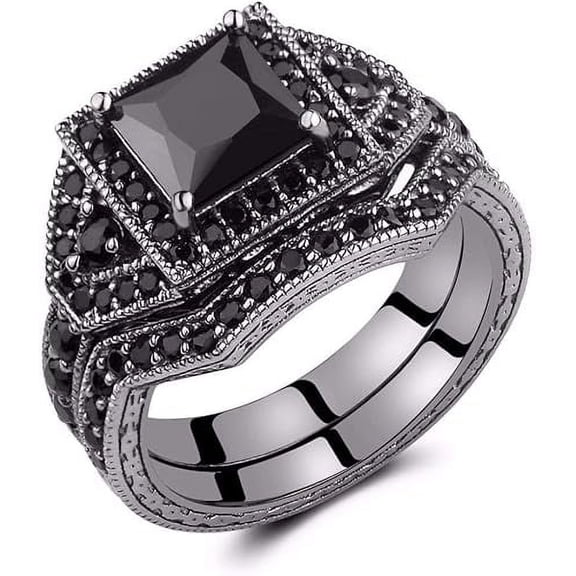Rag Jewels 2.80 Ct Princess Cut Black Diamond Wedding Engagement Thanksgiving Christmas Bridal Ring Set 14K Black Gold Plated 925 Sterling Silver For Women's -8.5