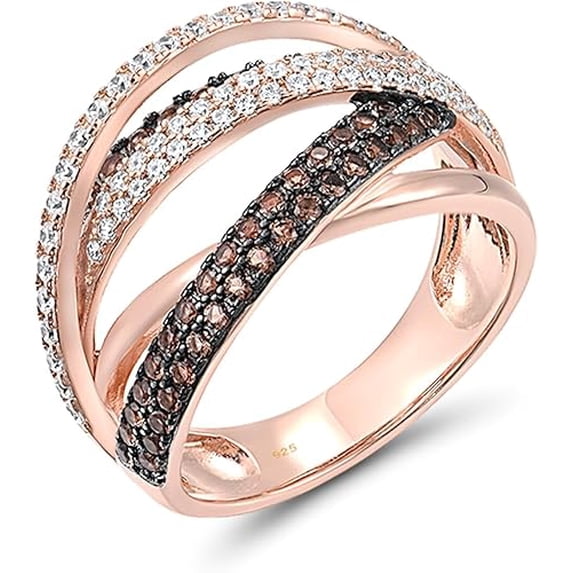 Rag Jewels 3.00 Ct Round Cut Brown & White Diamond Engagement Wedding Promise Crisscross Band Ring 14K Rose Gold Plated 925 Sterling Silver For Women's -6.5