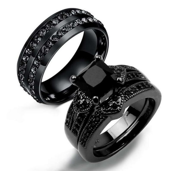Rag Jewels 3.00 Ctw Princess Cut Black Diamond Wedding Anniversary His & Her Wedding Ring Trio Set Band Ring 14K Black Gold Plated 925 Sterling Silver 925 Sterling Silver -9.5