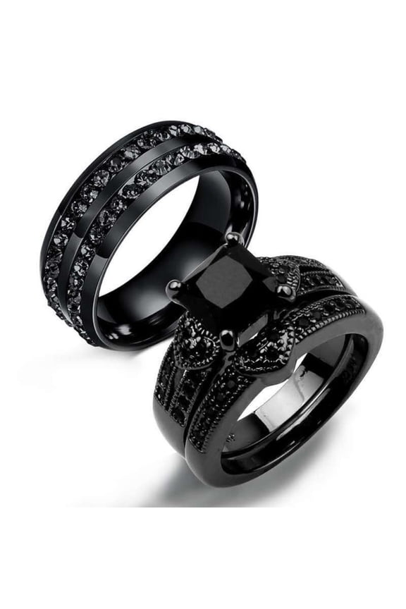 3.00 Ctw Princess Cut Black Diamond Wedding Anniversary His & Her Wedding Ring Trio Set Band Ring 14K Black Gold Plated 925 Sterling Silver 925 Sterling Silver -6