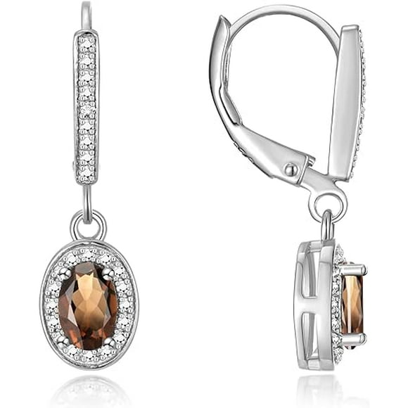 Rag Jewels 925 Sterling Silver 1.00 Ct Oval Cut Smokey Quartz & Diamond Drop Earring's 14K White Gold Plated For Women's