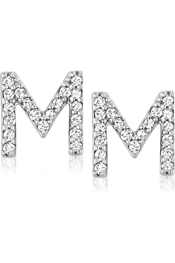 925 Sterling Silver 1.20Ct Round Cut Diamond Initial M Push Back Ladies Stud Earring's 14K White Gold Plated For Women's