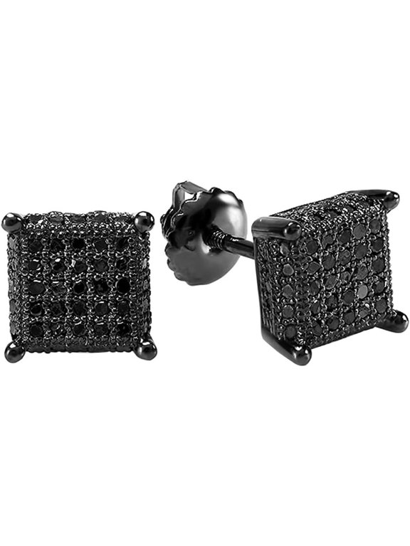 925 Sterling Silver 1.30 Ct Round Cut Black Diamond Cube Unisex Stud Earring's 14K Black Gold Plated