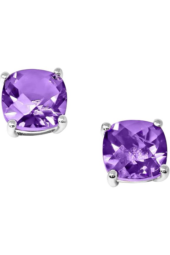 925 Sterling Silver 1.30Ct Cushion Cut Amethyst Push Back Ladies Stud Earring's 14K White Gold Plated For Women's