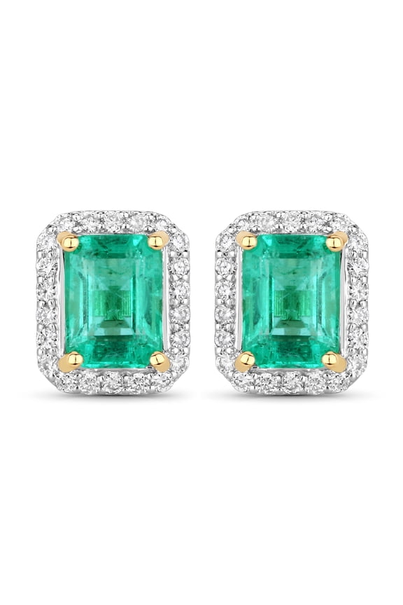 925 Sterling Silver 1.30Ct Emerald Cut Emerald & Diamond Push Back Ladies Stud Earring's 14K Yellow Gold Plated For Women's